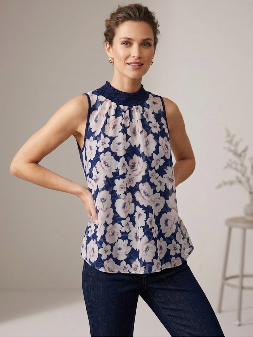 Chenault Navy and Pale Pink Floral Smocked-Neck Sleeveless Camisole